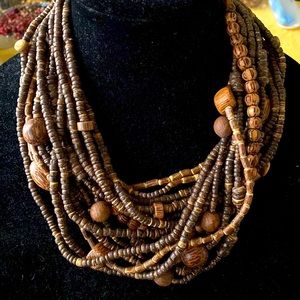 Wooden deep brown variety beaded statement necklace.